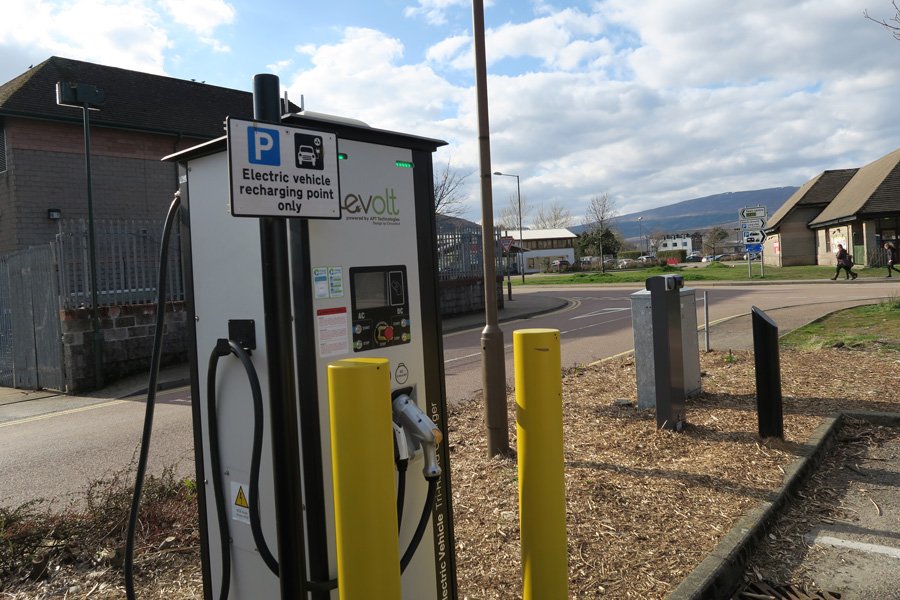 Electric Vehicle Rapid Charger in An Aird Car Park, Fort William