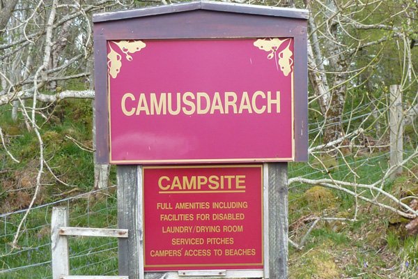 The sign for Camusdarach Campsite