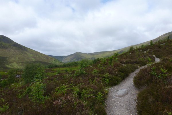 Climbing through heath on the Coire Ardair Trail