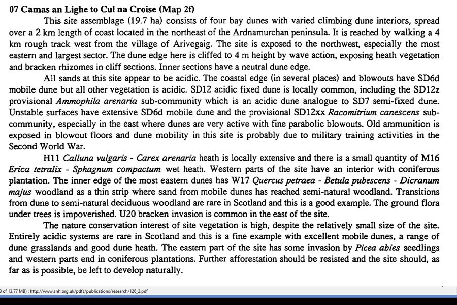 Summary from the 1998 SNH Sand Dune Vegetation Survey indicating the high conservation status of Cul na Croise, Ardnamurchan