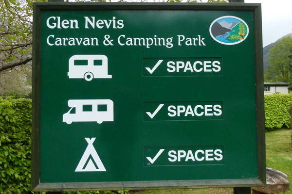 The sign for the Glen Nevis Camping & Caravan Park