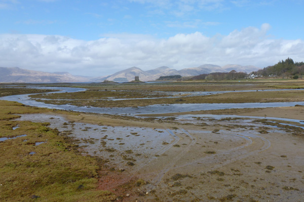 Distant views of the salt marsh, Castle Stalker and the hills beyond