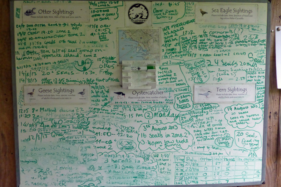 The observations white board in the Garbh Eilean Wildlife Hide